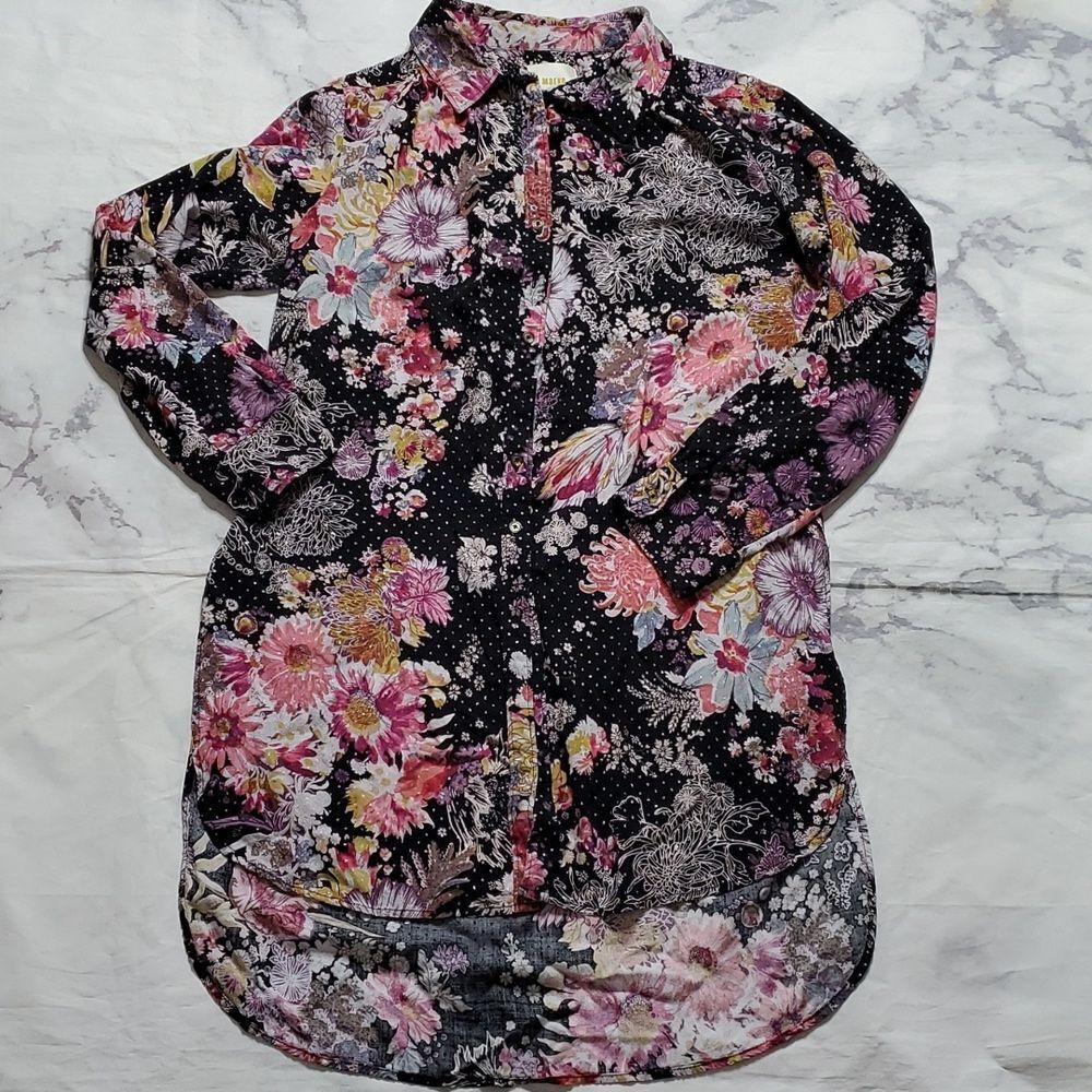 Maeve Anthropologie Autumnal Floral Black Floral Sparkle High Low Tunic Top